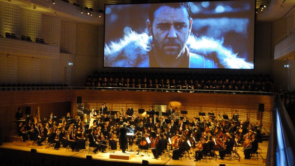Gladiator with a symphony performing the score in the foreground, a fantastic way to hear the music and see the movie.