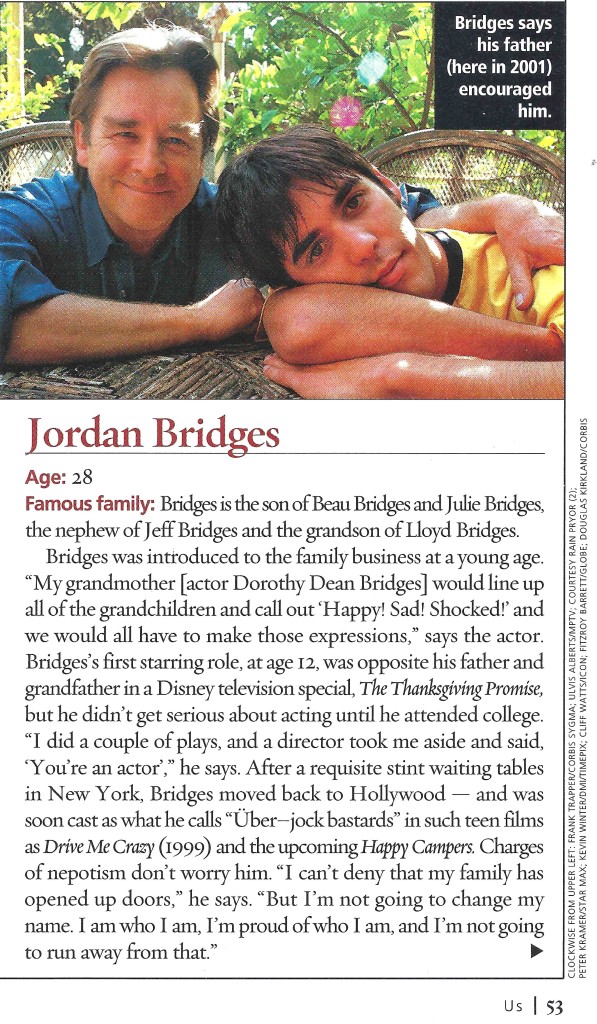Jordan Bridges with his dad Beau appearing in a 2002 issue of Us Weekly